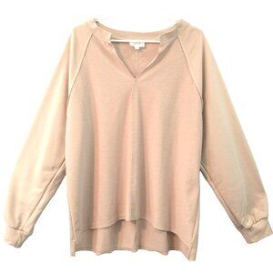 Perch By Blu Pepper Women's Sweatshirt Top Raw Seams Hi Low V Neck Beige - 1X
